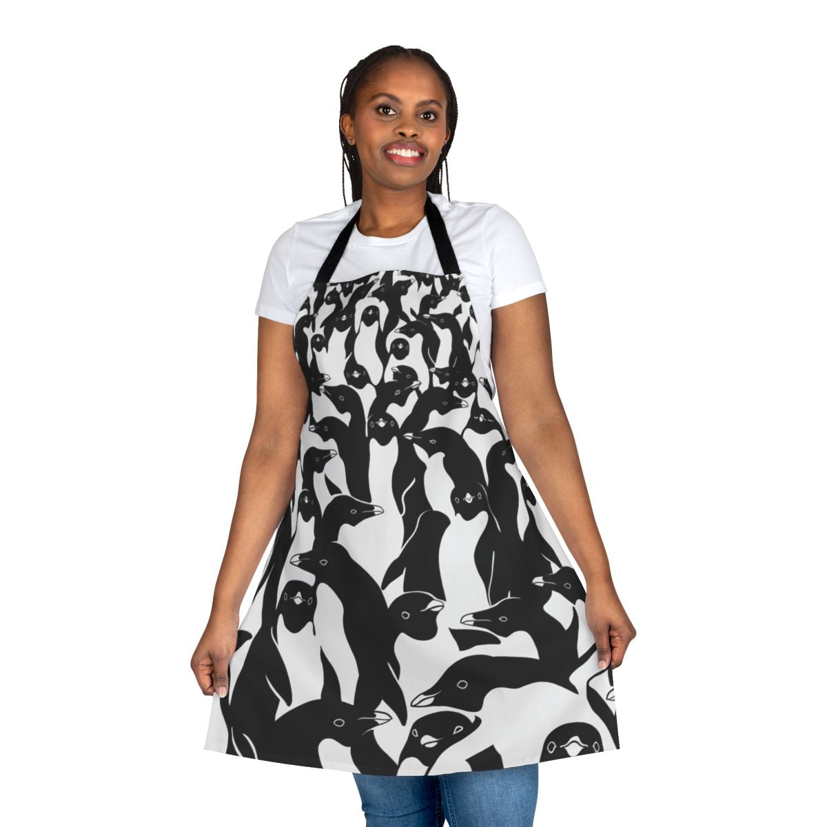 Black and white penguin pattern apron with camouflage design