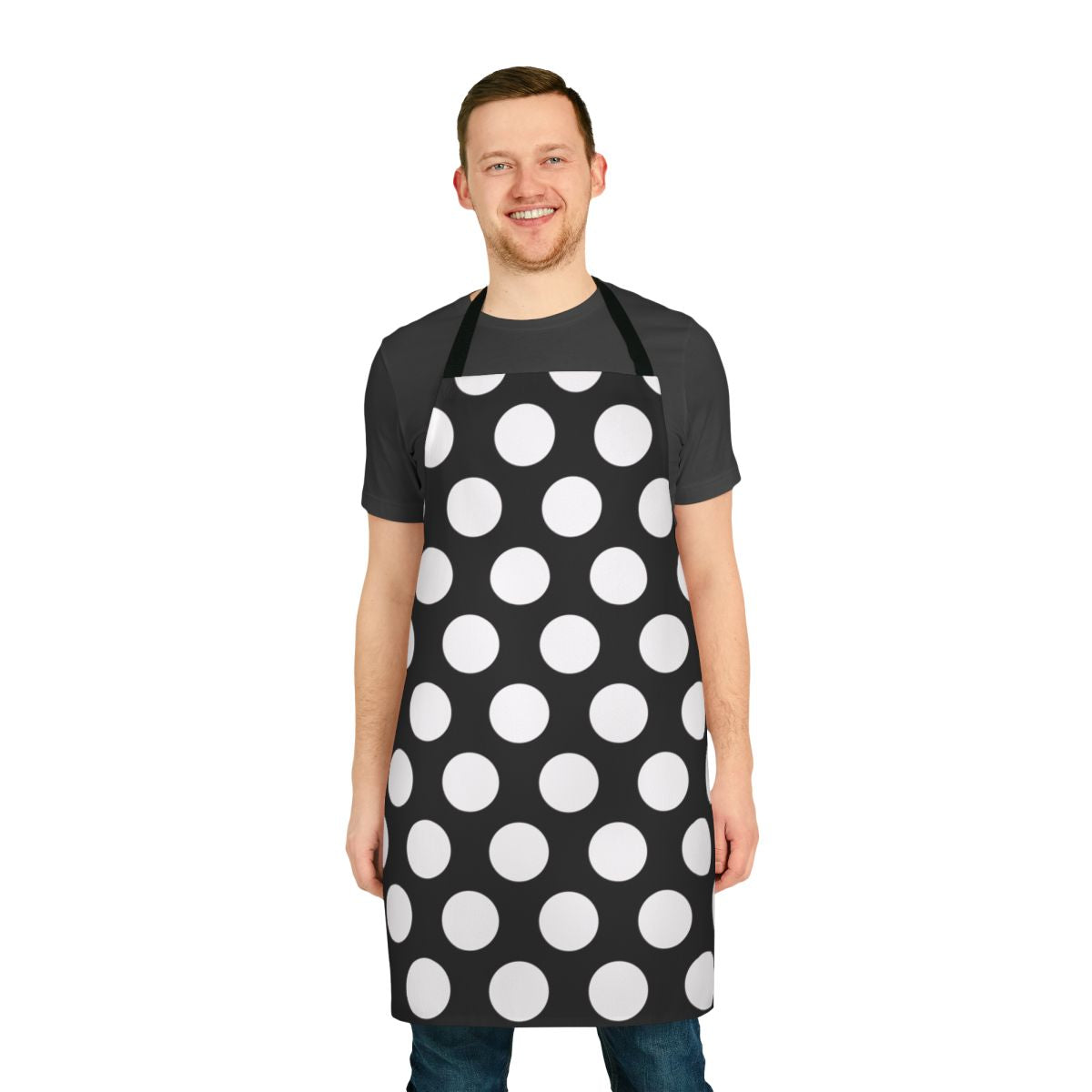 Black apron with large white polka dots