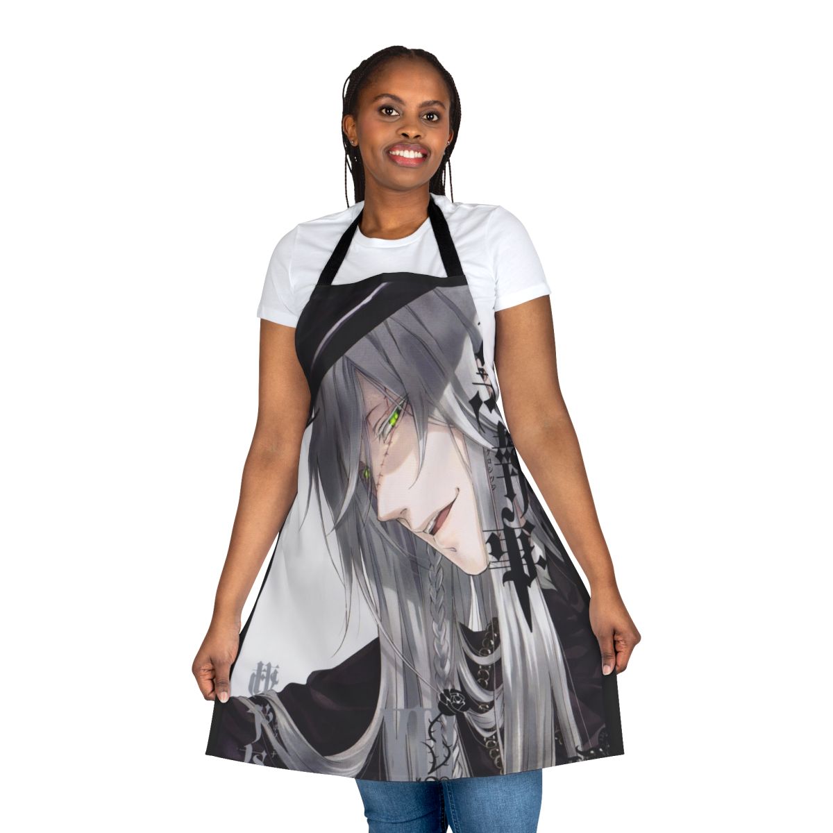 Black Butler-inspired apron featuring the character Undertaker in a gothic lolita style