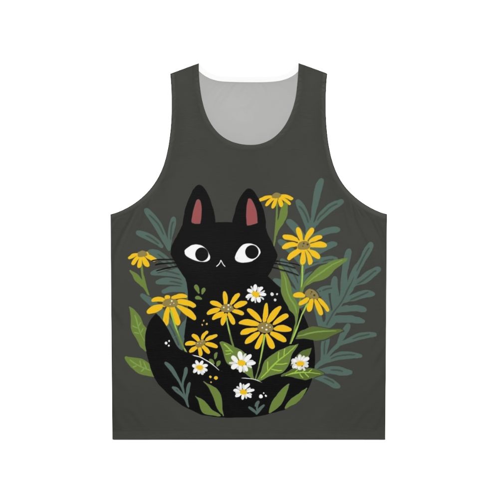 Black cat with flowers on a unisex tank top