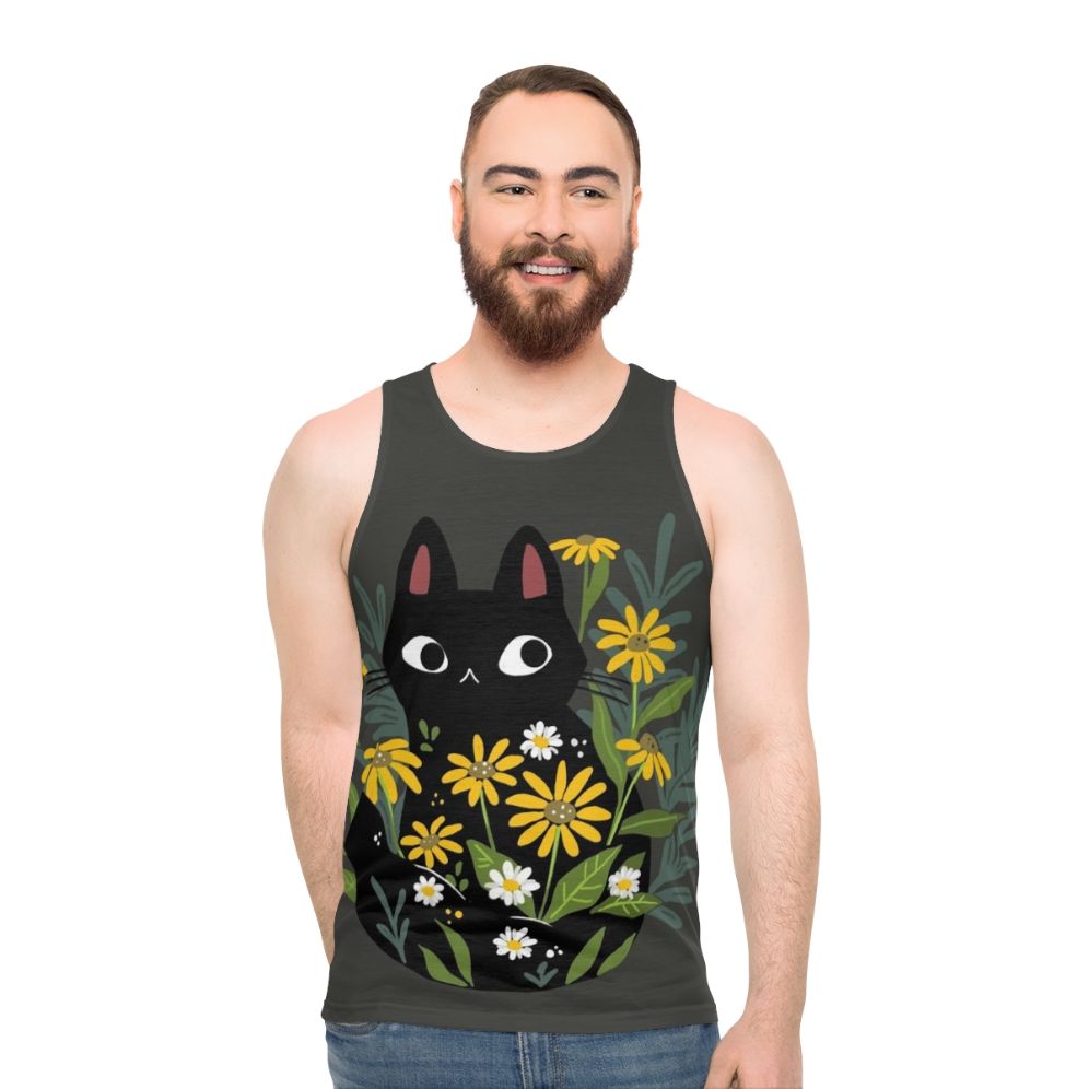 Black cat with flowers on a unisex tank top