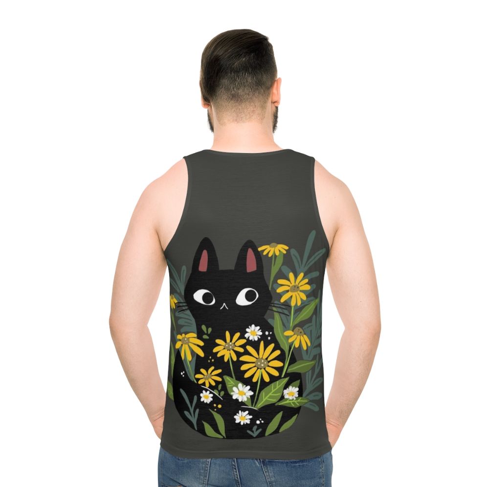 Black cat with flowers on a unisex tank top