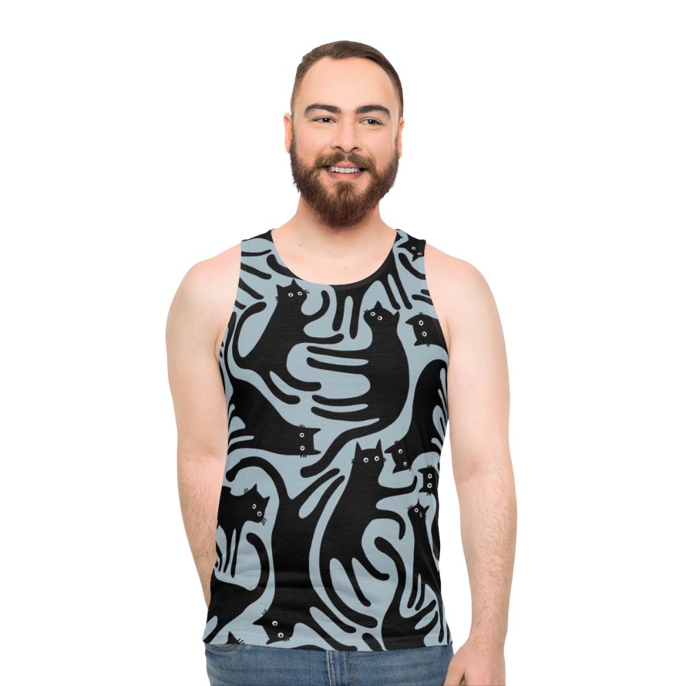 Black cats on a blue tank top with a seamless pattern design