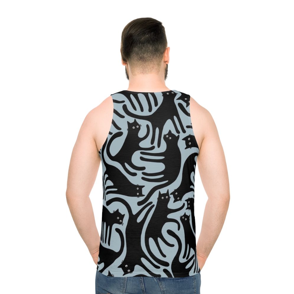 Black cats on a blue tank top with a seamless pattern design