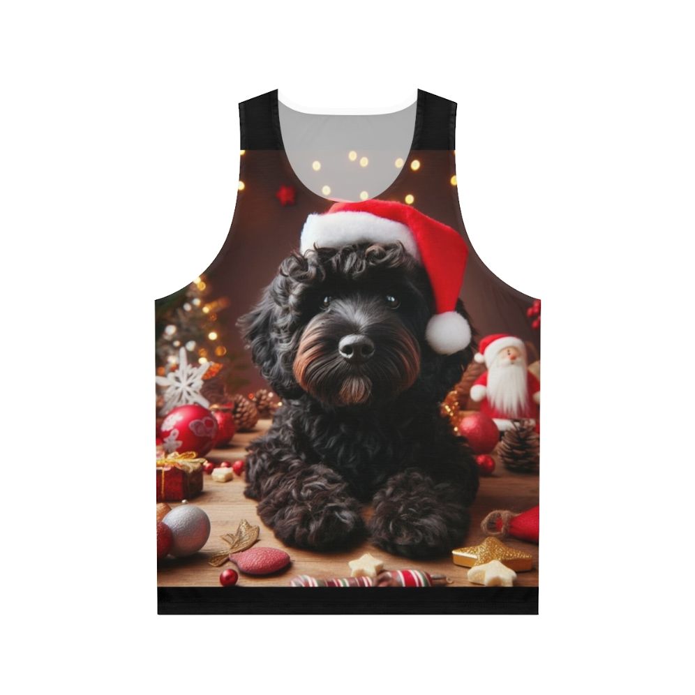 Black cockapoo wearing a santa hat design on a unisex tank top