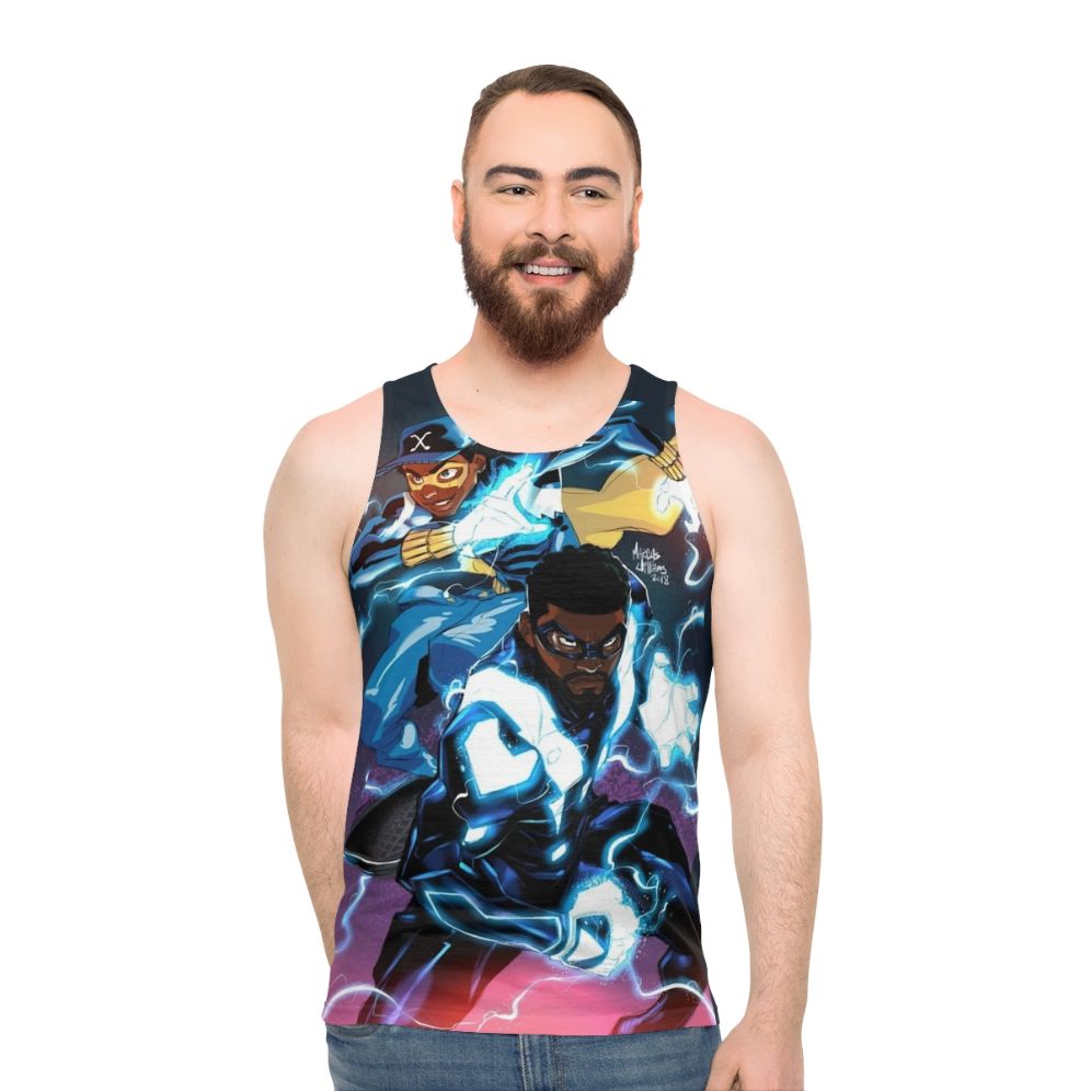 Black unisex tank top with electricity design