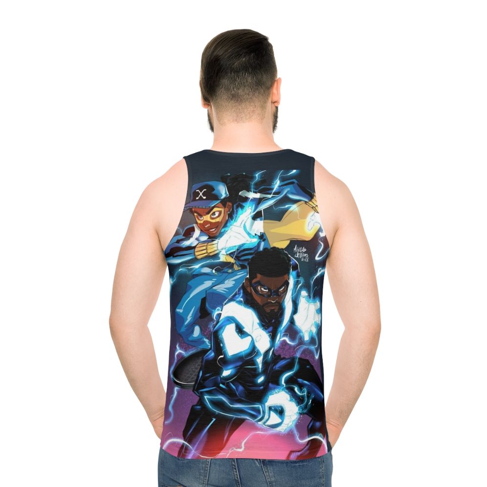 Black unisex tank top with electricity design