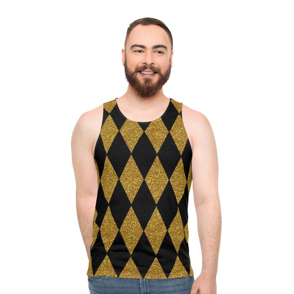 Black and gold harlequin pattern unisex tank top