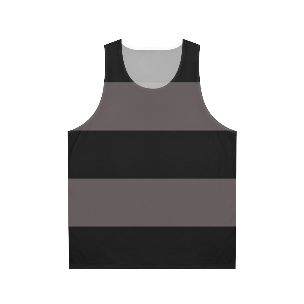 Black and grey striped unisex tank top with minimalist art design
