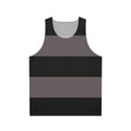 Black and grey striped unisex tank top with minimalist art design
