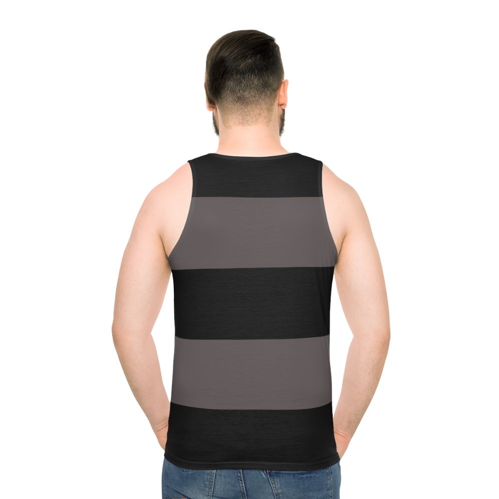Black and grey striped unisex tank top with minimalist art design