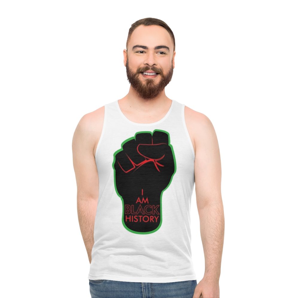 Unisex tank top with "I Am Black History Fist RBG" design