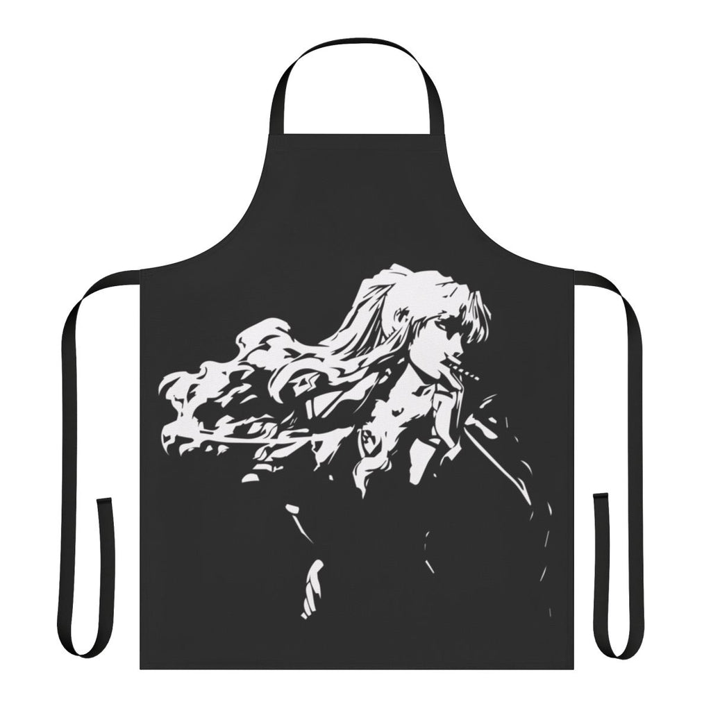 A black minimalist apron with a smoke design, inspired by the anime/manga Black Lagoon