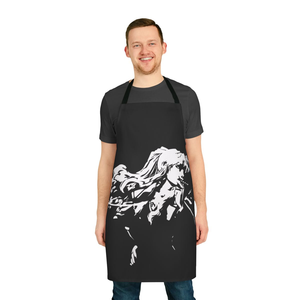 A black minimalist apron with a smoke design, inspired by the anime/manga Black Lagoon