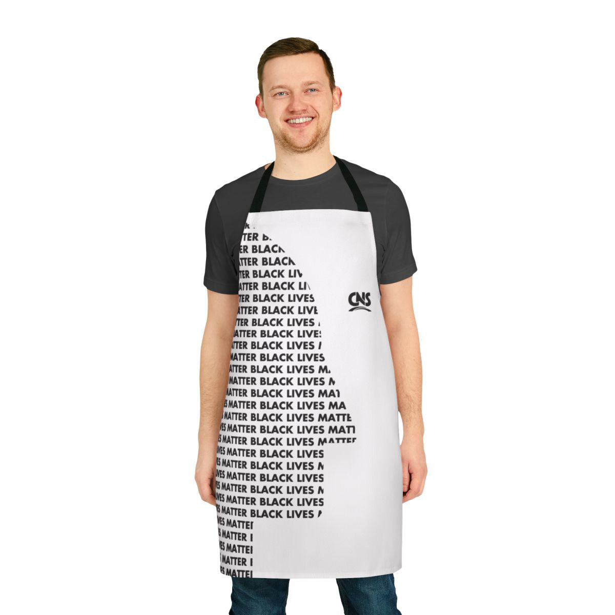 Black Lives Matter themed apron with BLM logo on a white background