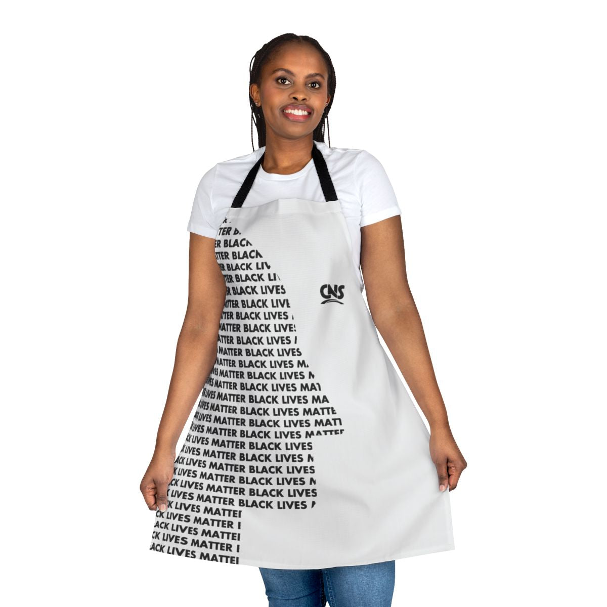 Black Lives Matter themed apron with BLM logo on a white background
