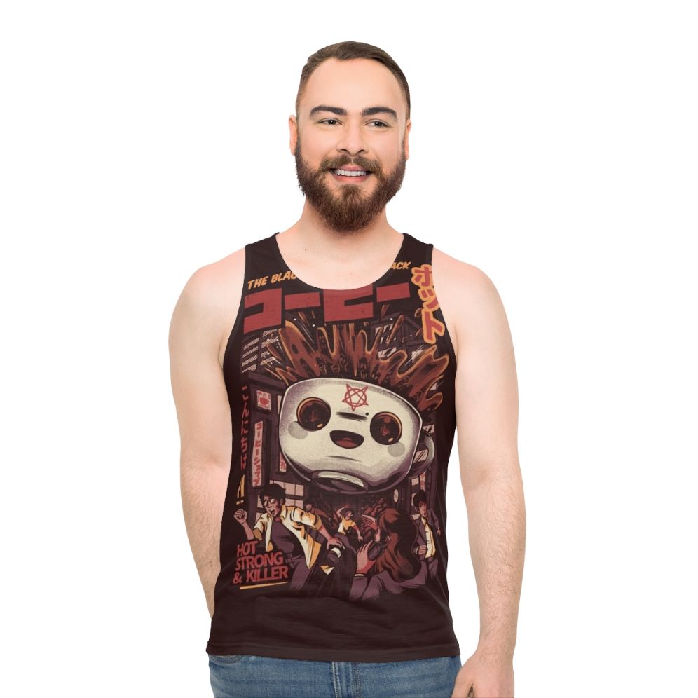 Black Magic Coffee Unisex Tank Top with Retro Japanese-Style Kaiju Monster Graphic