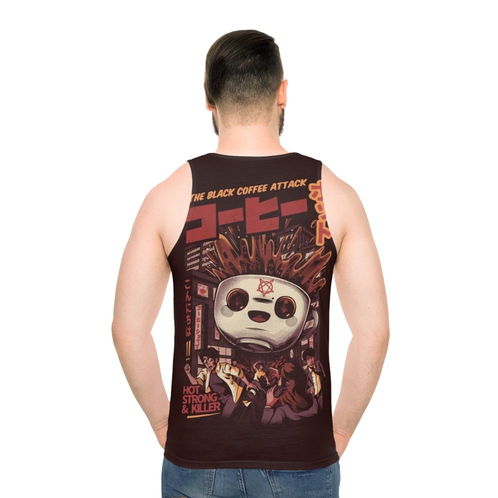 Black Magic Coffee Unisex Tank Top with Retro Japanese-Style Kaiju Monster Graphic
