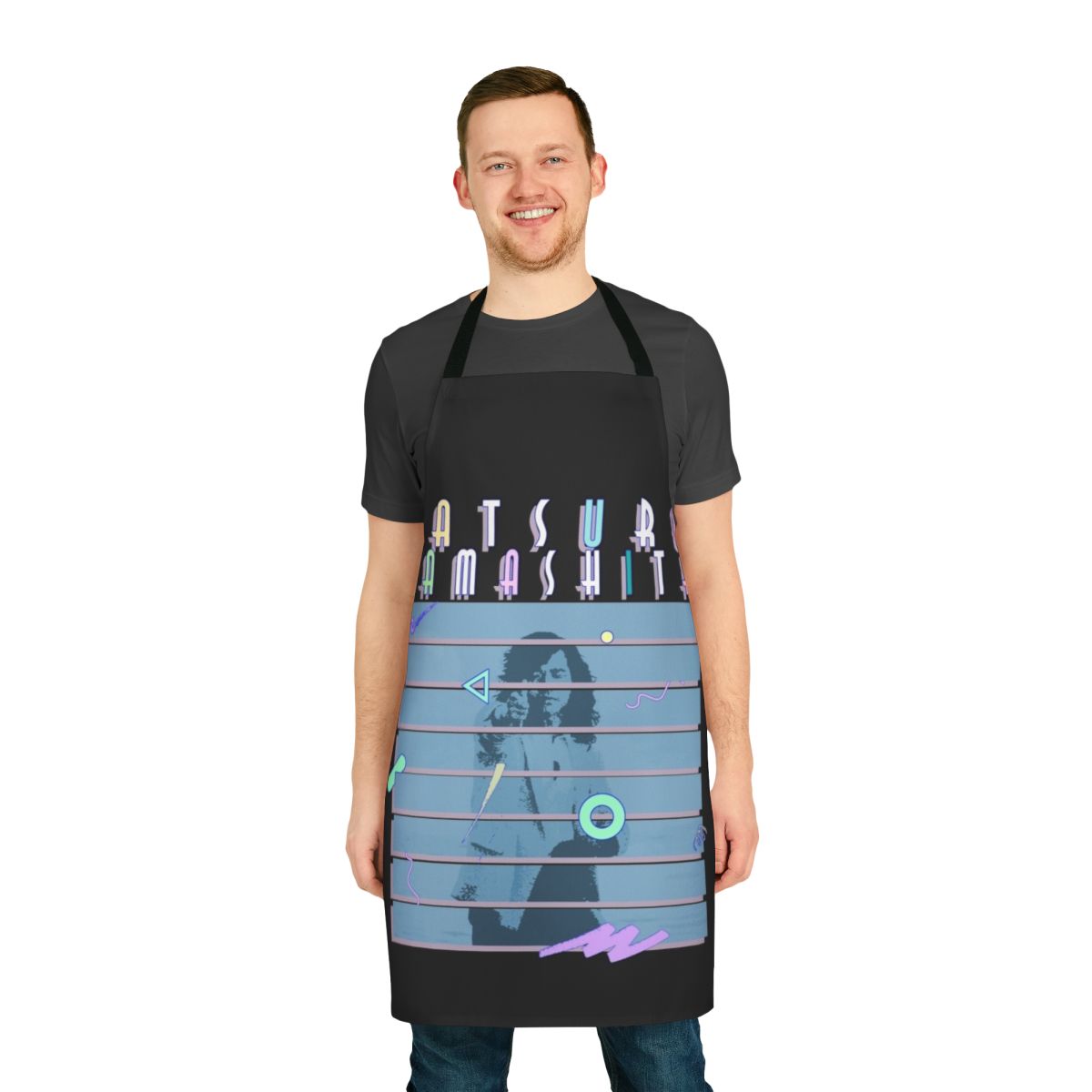 Black retro-style apron with Japanese funk music influences