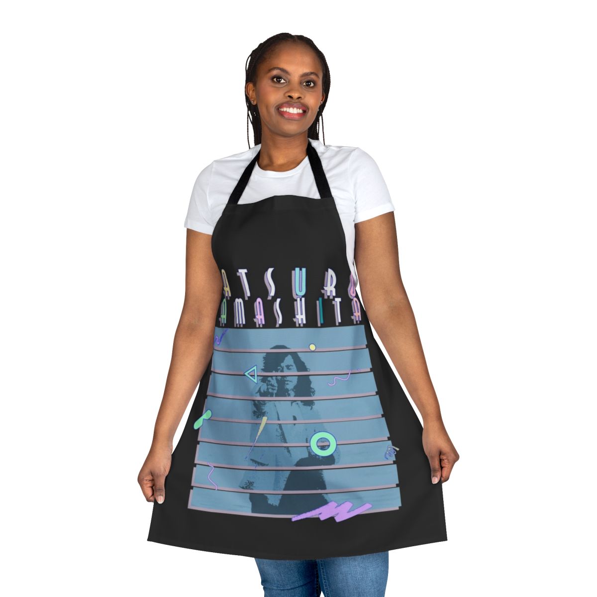 Black retro-style apron with Japanese funk music influences
