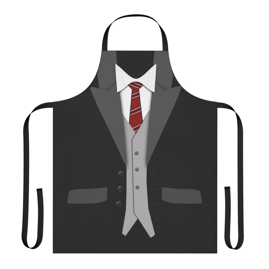 A black apron designed to look like a formal suit with a red tie and vest