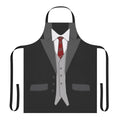A black apron designed to look like a formal suit with a red tie and vest