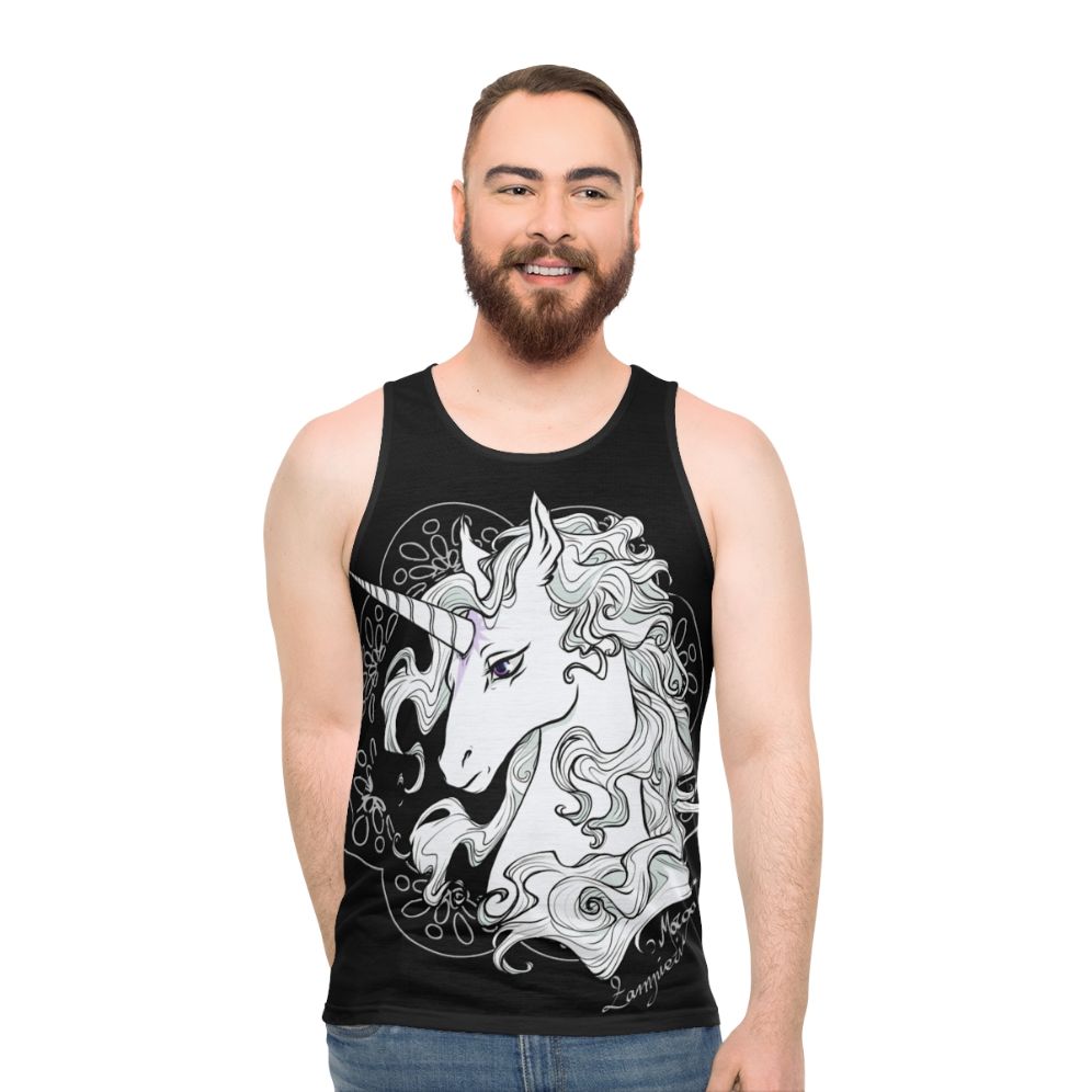 Black unisex tank top with the Last Unicorn unicorn design