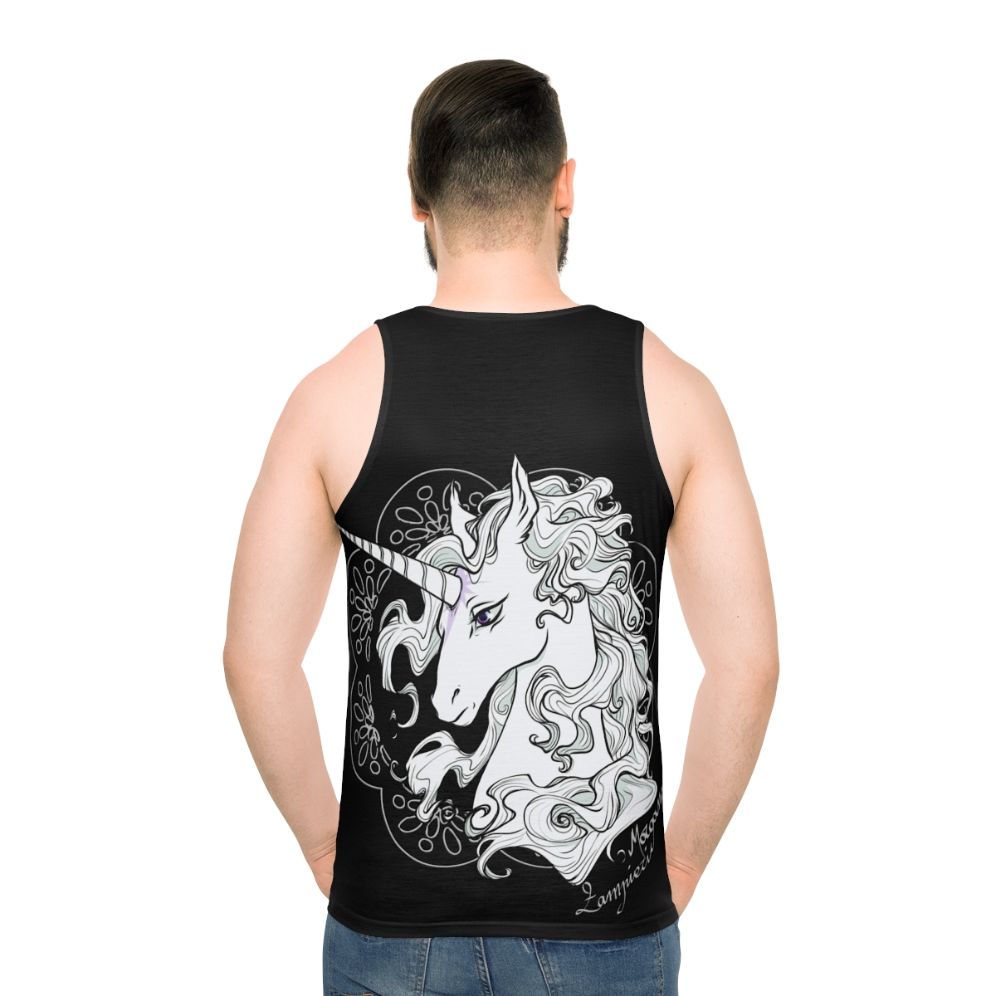 Black unisex tank top with the Last Unicorn unicorn design