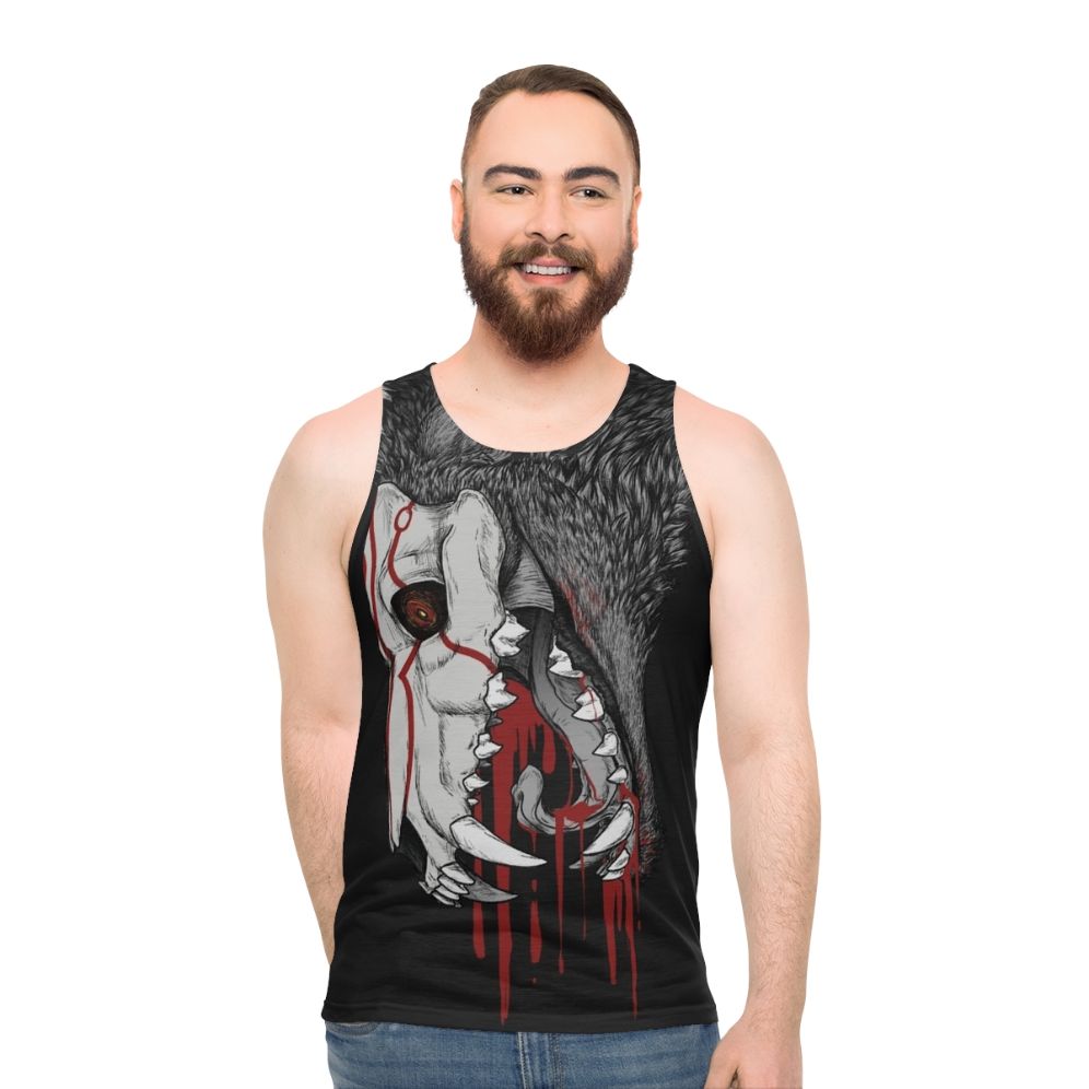 Black unisex tank top with horror graphic design