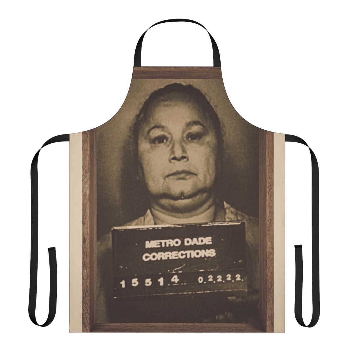 Black and white graphic apron with text referencing the "Black Widow" criminal figure