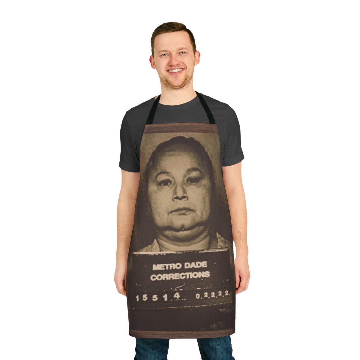 Black and white graphic apron with text referencing the "Black Widow" criminal figure