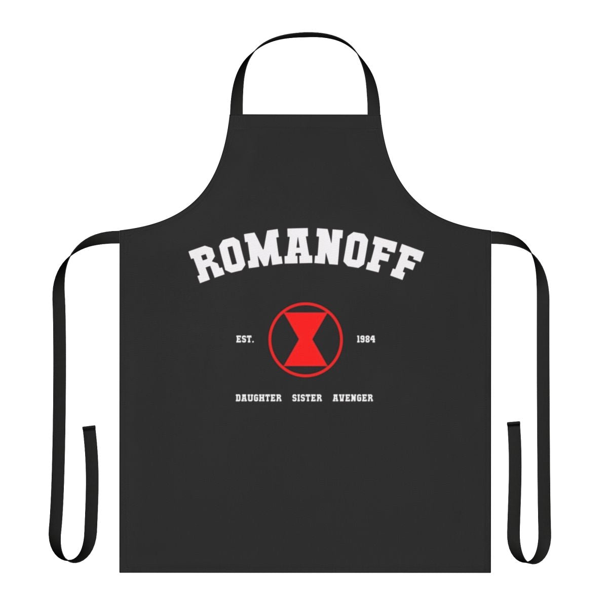 Black Widow tribute apron featuring iconic superhero imagery