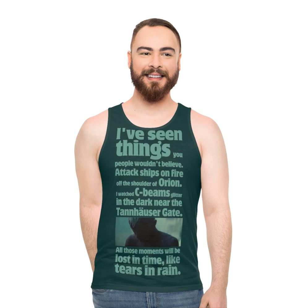 Unisex tank top featuring the iconic 'Tears in Rain' quote from the classic science fiction film Blade Runner