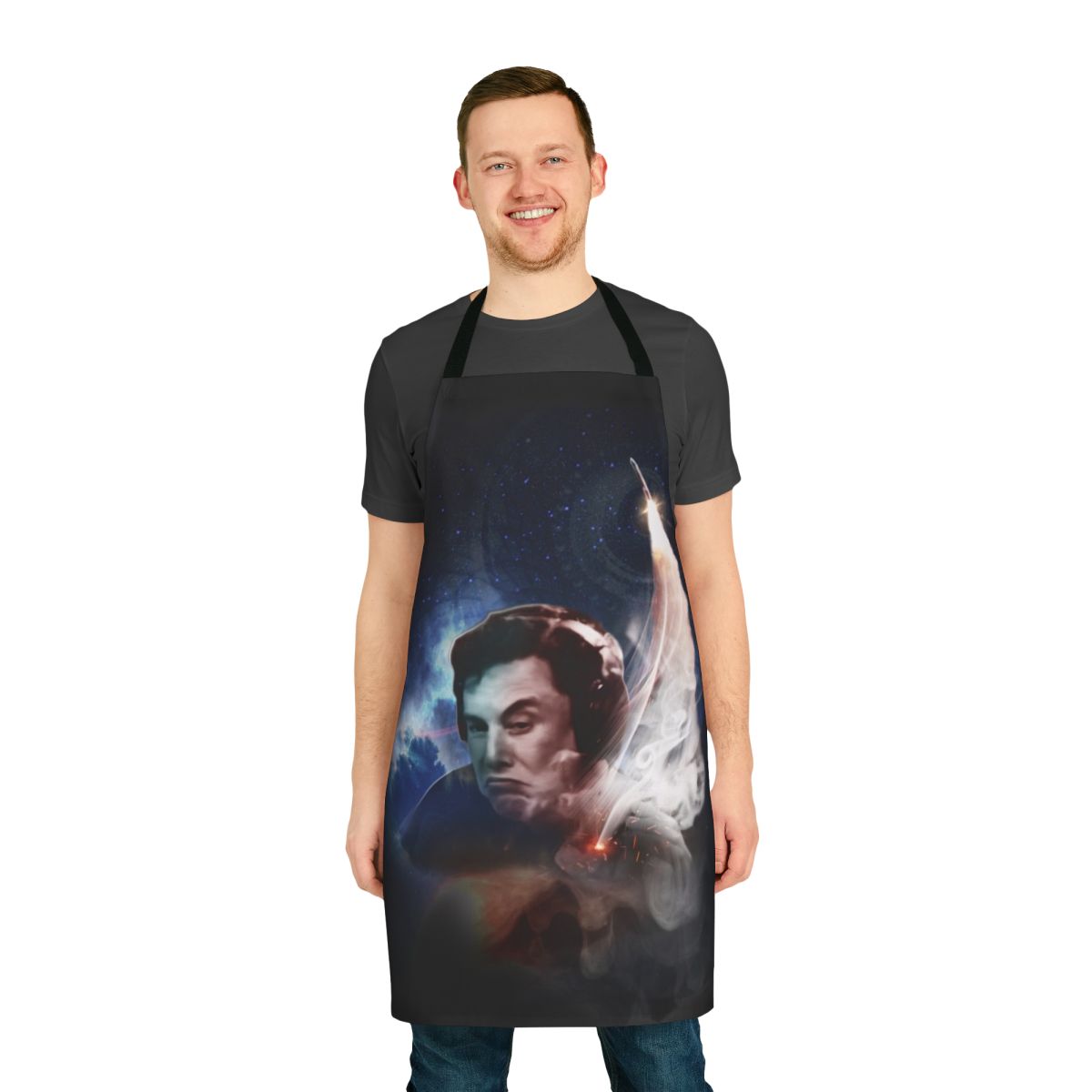 "Elon Musk inspired apron with 'Blast Off' design, perfect for space and science enthusiasts"