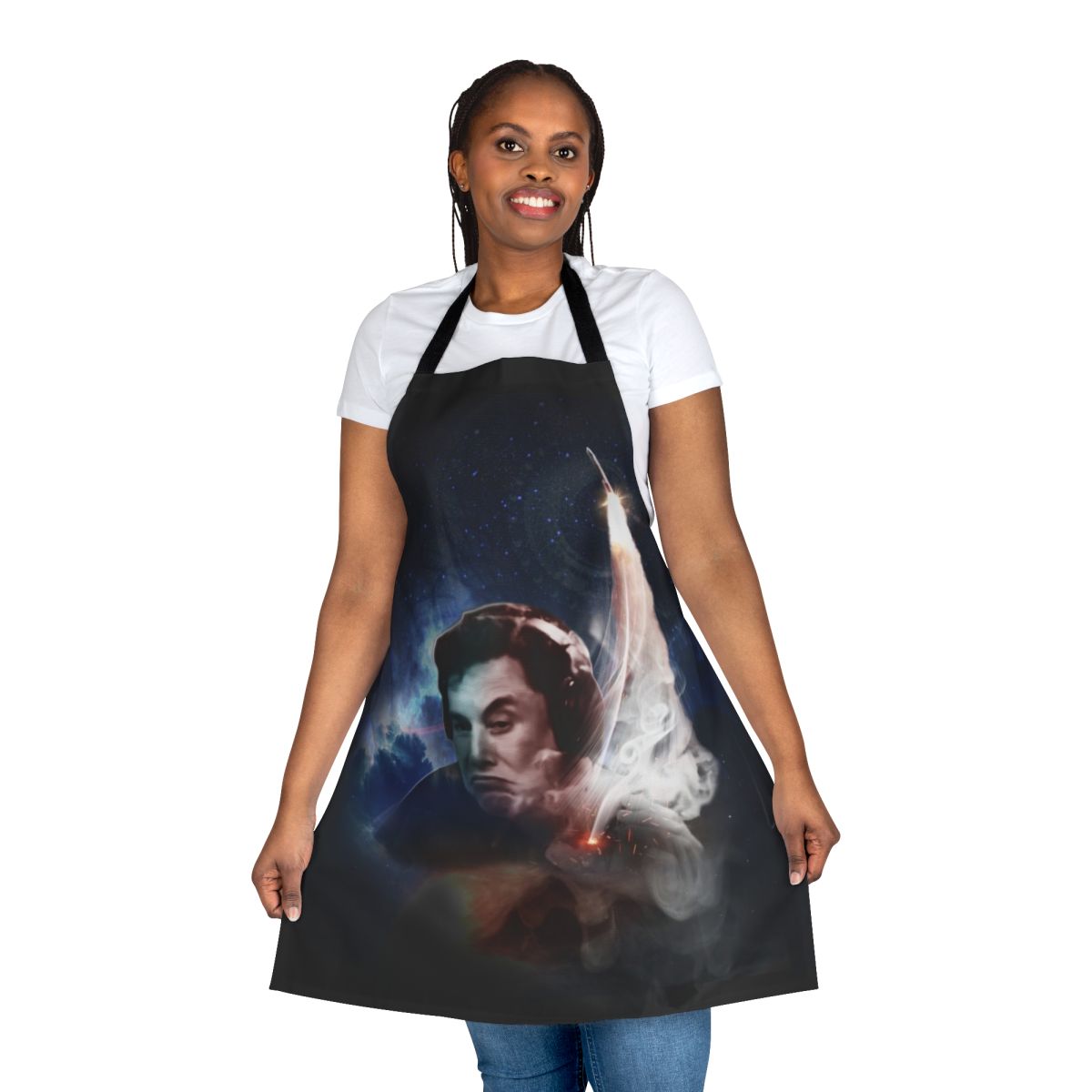 "Elon Musk inspired apron with 'Blast Off' design, perfect for space and science enthusiasts"