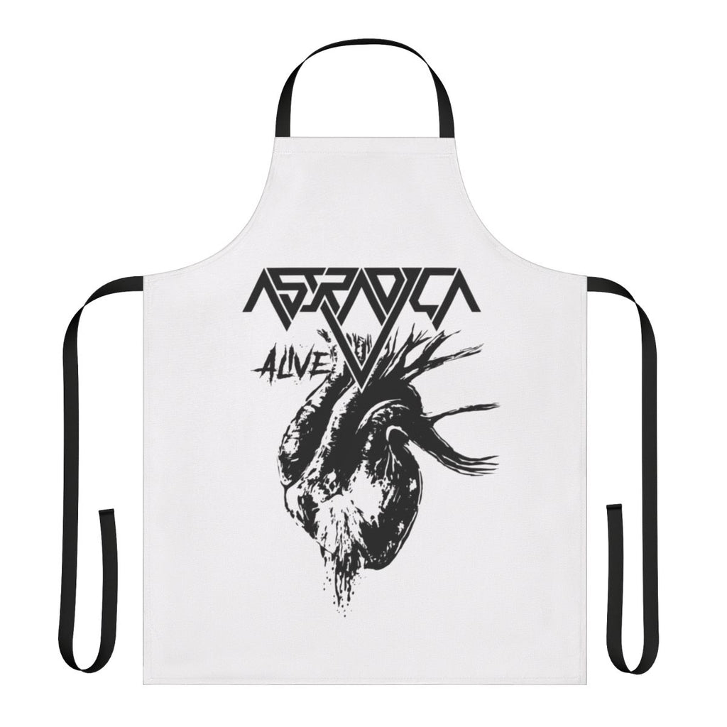 Bleeding heart logo graphic on a bright red and white apron for music enthusiasts