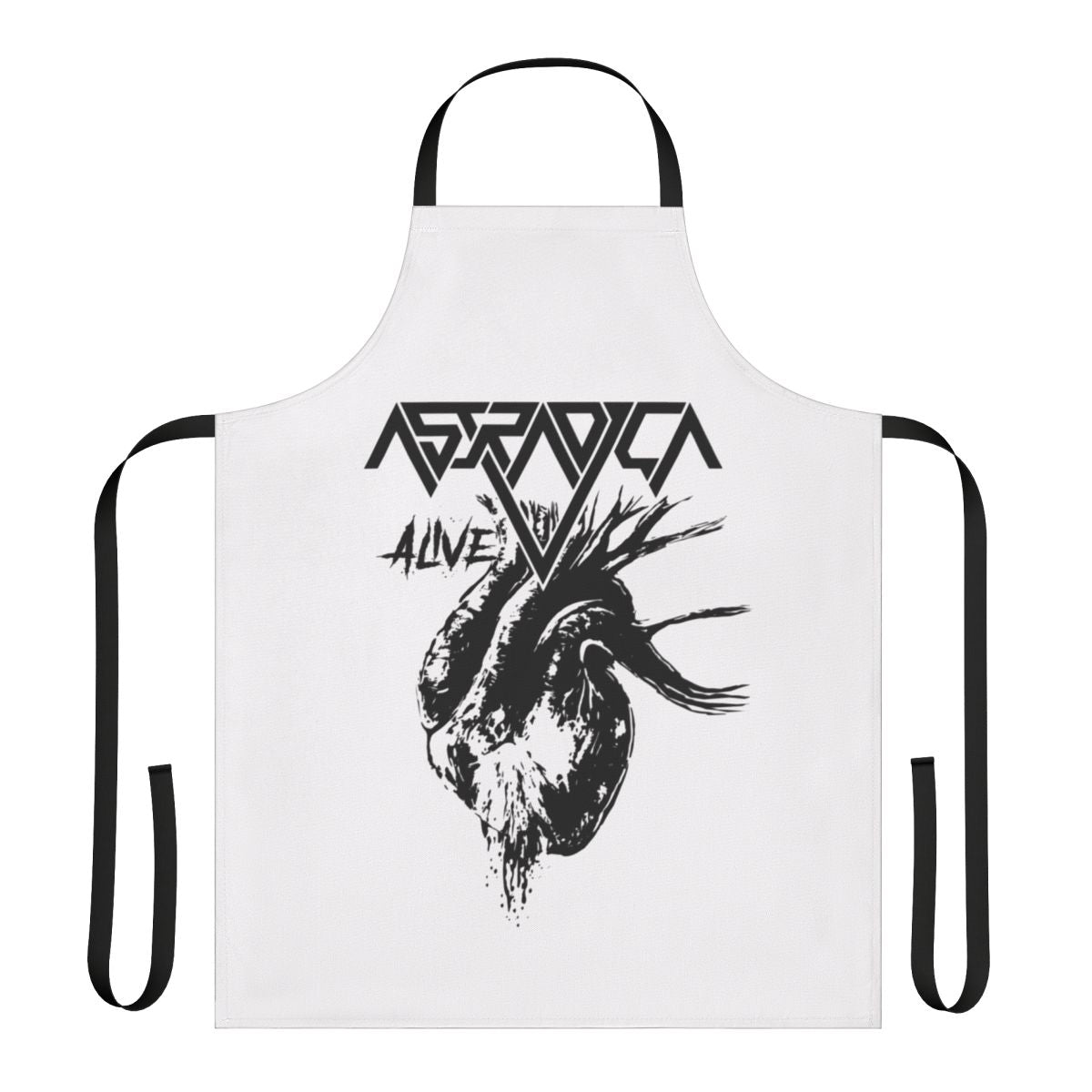 Bleeding heart logo graphic on a bright red and white apron for music enthusiasts