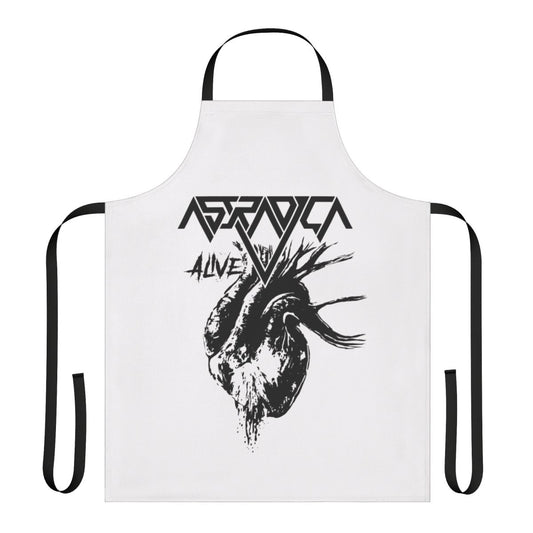 Bleeding heart logo graphic on a bright red and white apron for music enthusiasts