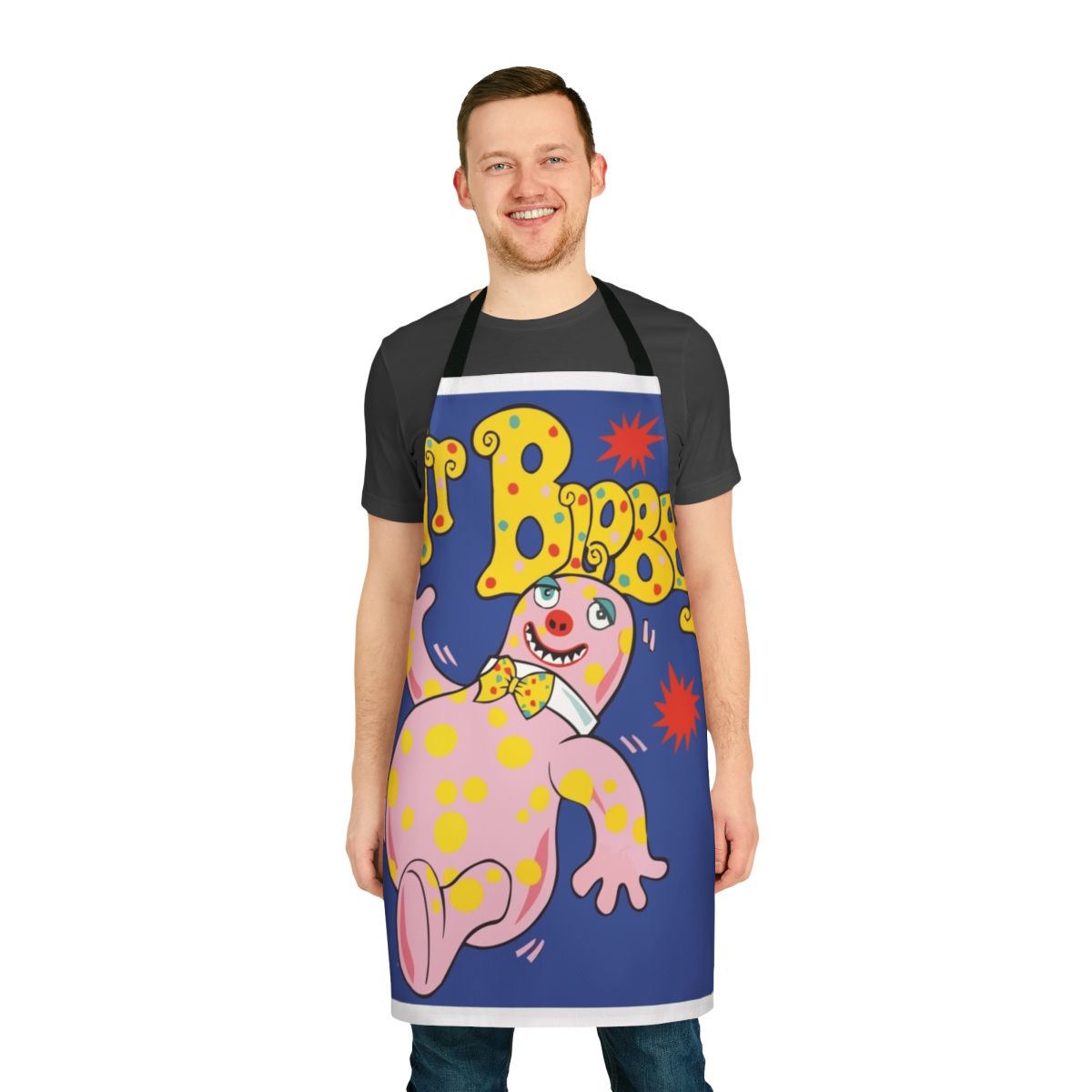A colorful blobby-inspired novelty apron