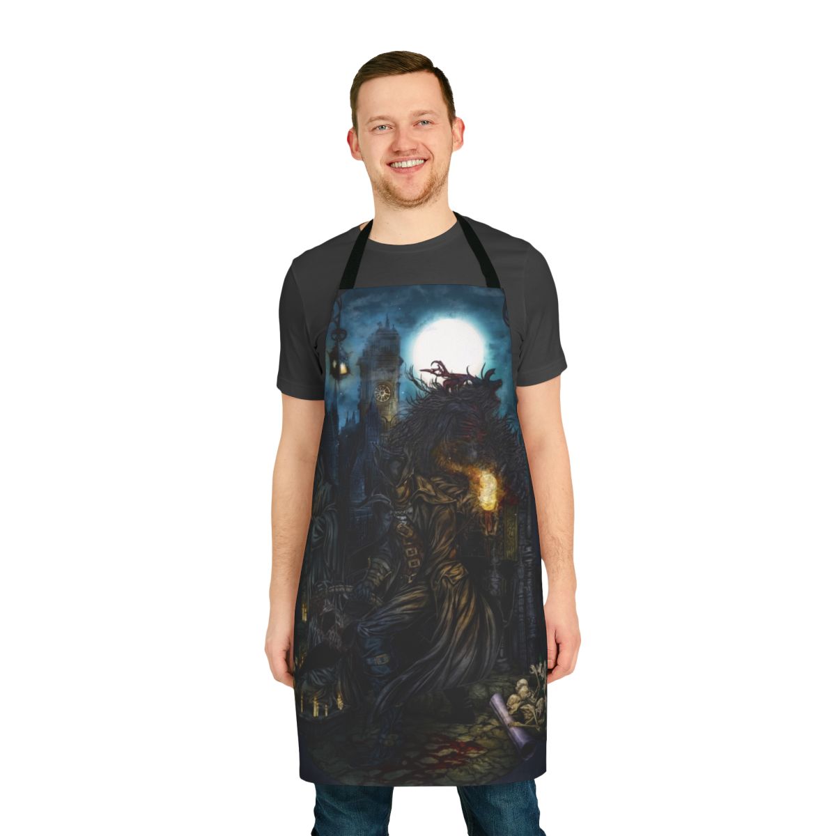 Bloodborne-themed apron with the iconic bloodborne logo and text "The Hunt"