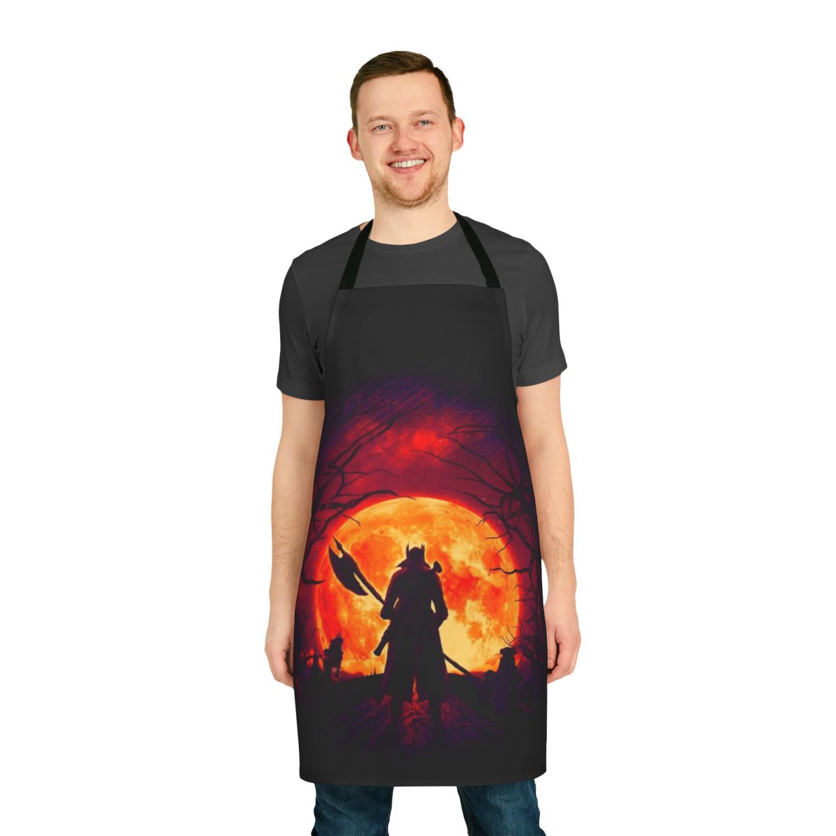 Bloodborne-inspired apron with blood moon and hunting motif