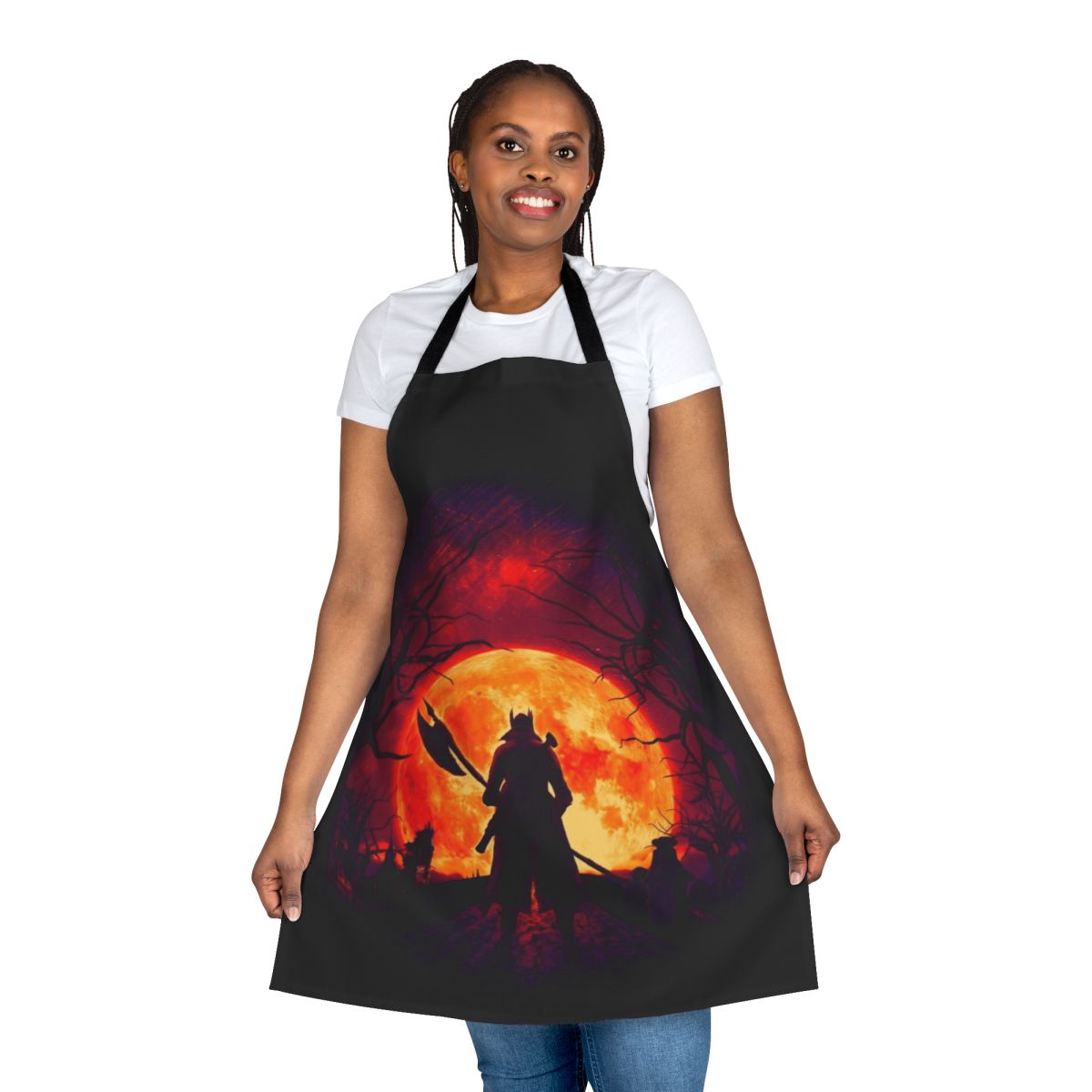 Bloodborne-inspired apron with blood moon and hunting motif