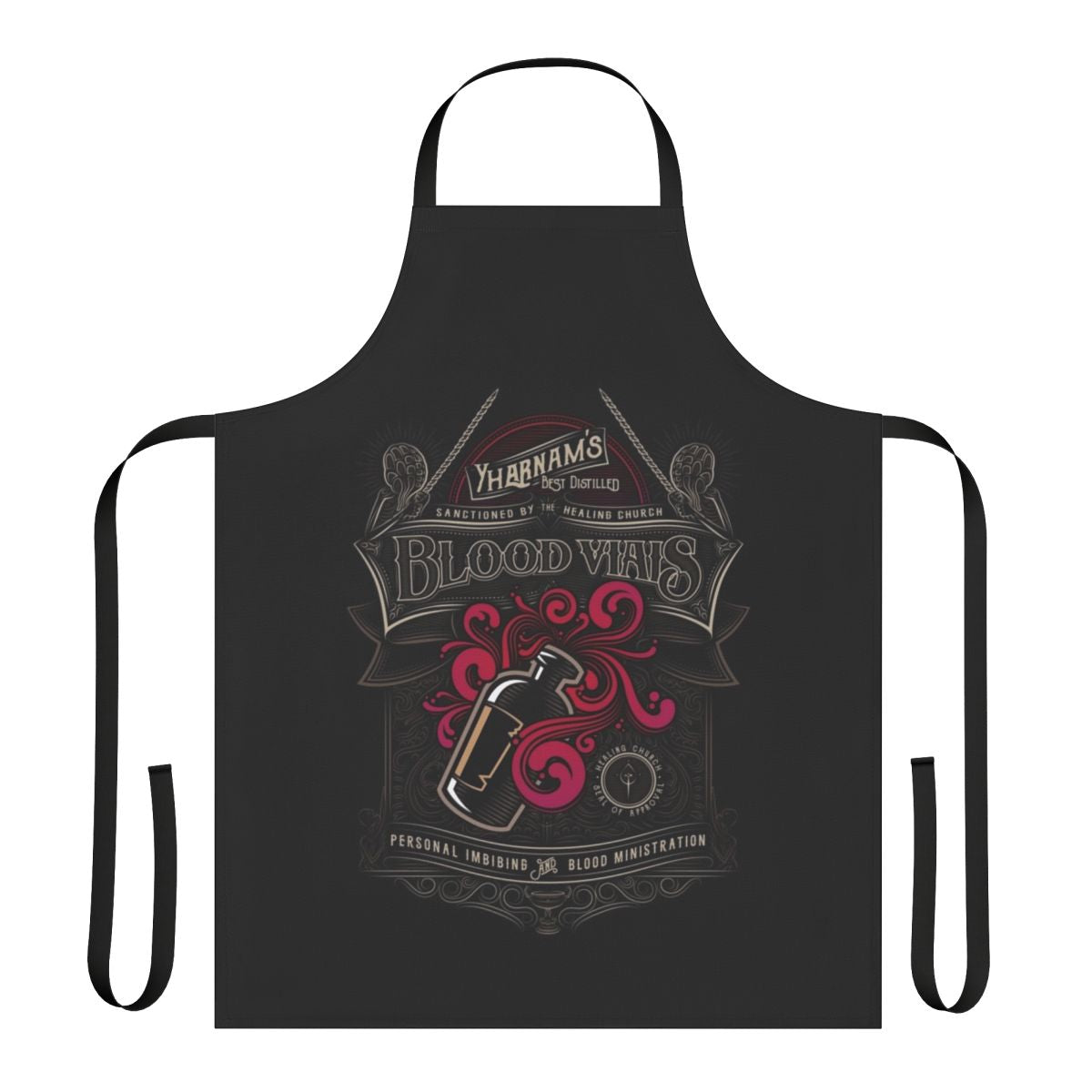A black apron featuring the iconic Blood Vials from the Bloodborne video game.