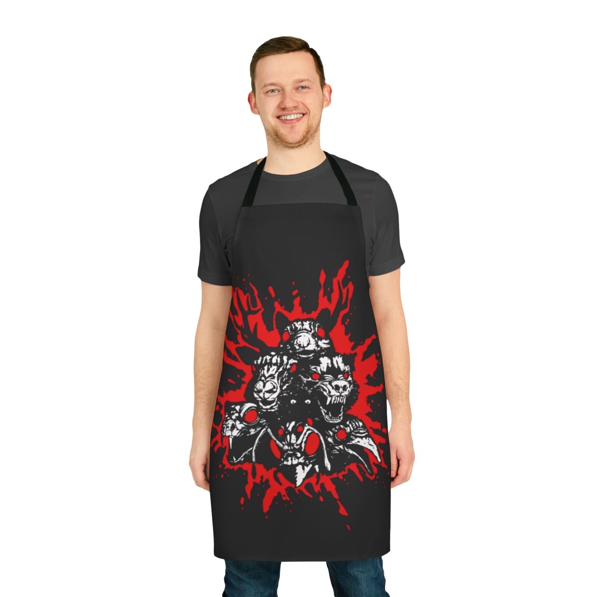 A blood-spattered apron with occult and supernatural imagery, perfect for dark rituals and ceremonies.