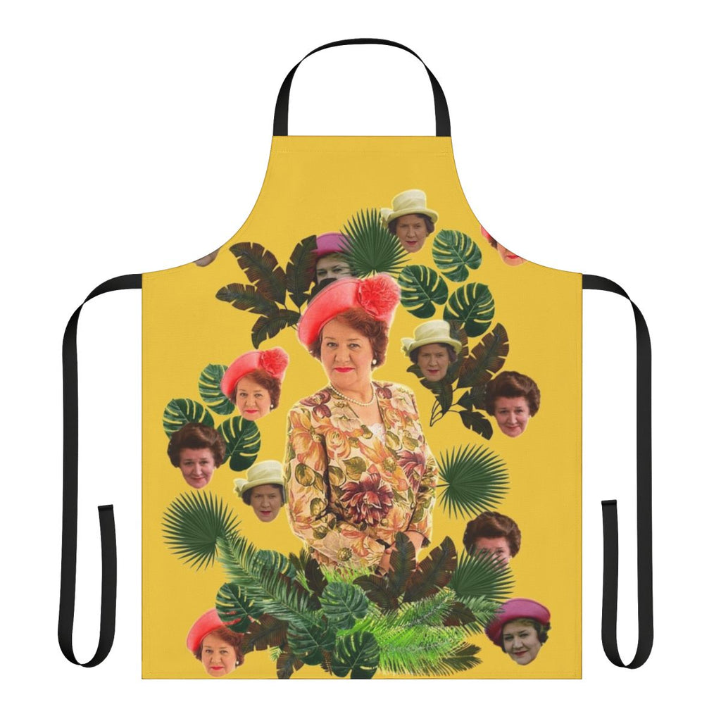 Floral apron featuring the iconic character Hyacinth Bucket from the British sitcom "Keeping Up Appearances"