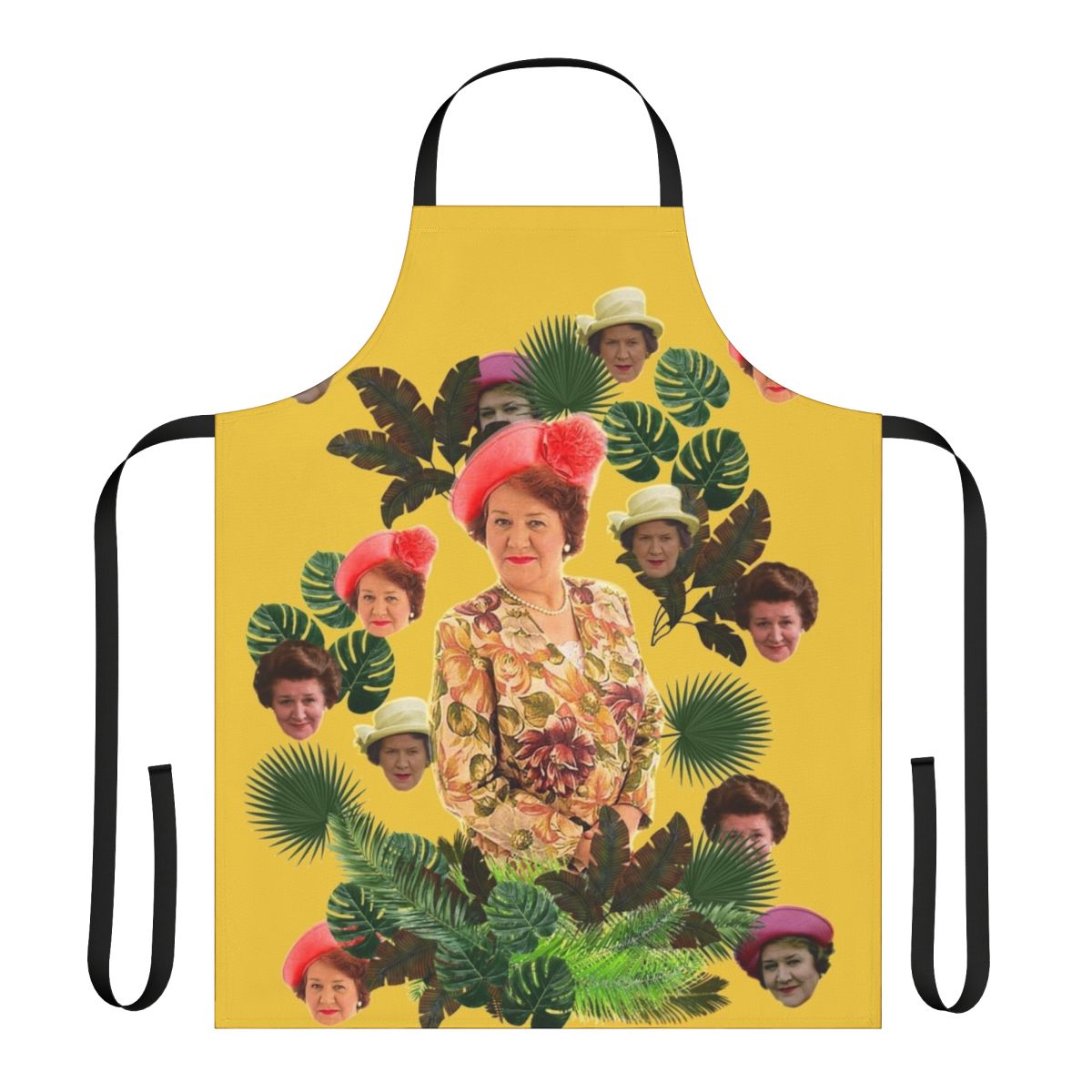 Floral apron featuring the iconic character Hyacinth Bucket from the British sitcom "Keeping Up Appearances"