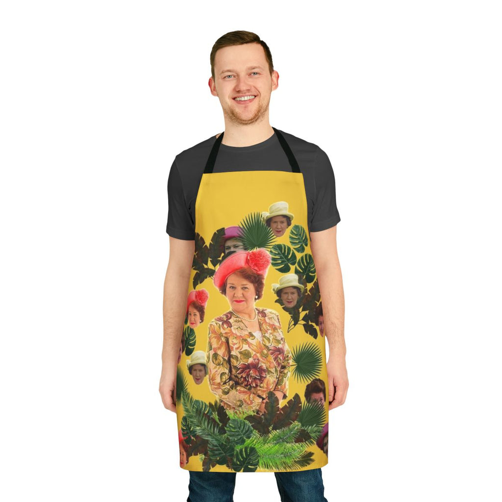 Floral apron featuring the iconic character Hyacinth Bucket from the British sitcom "Keeping Up Appearances"