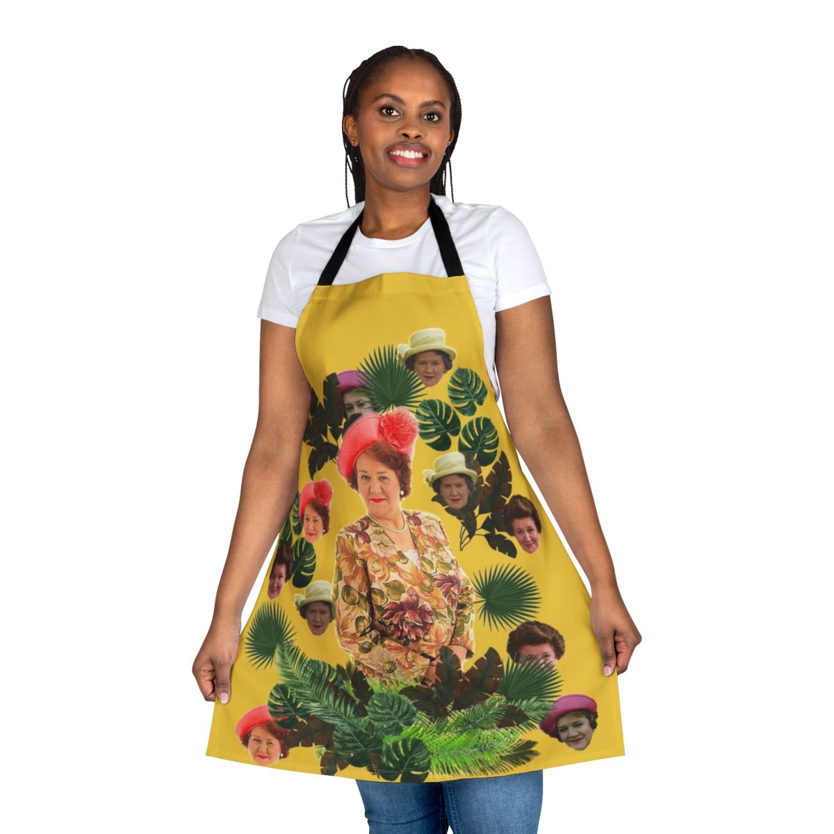 Floral apron featuring the iconic character Hyacinth Bucket from the British sitcom "Keeping Up Appearances"