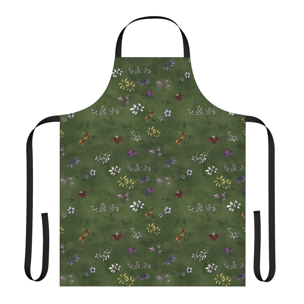 An apron featuring a vibrant flower field pattern, inspired by the game Don't Starve.