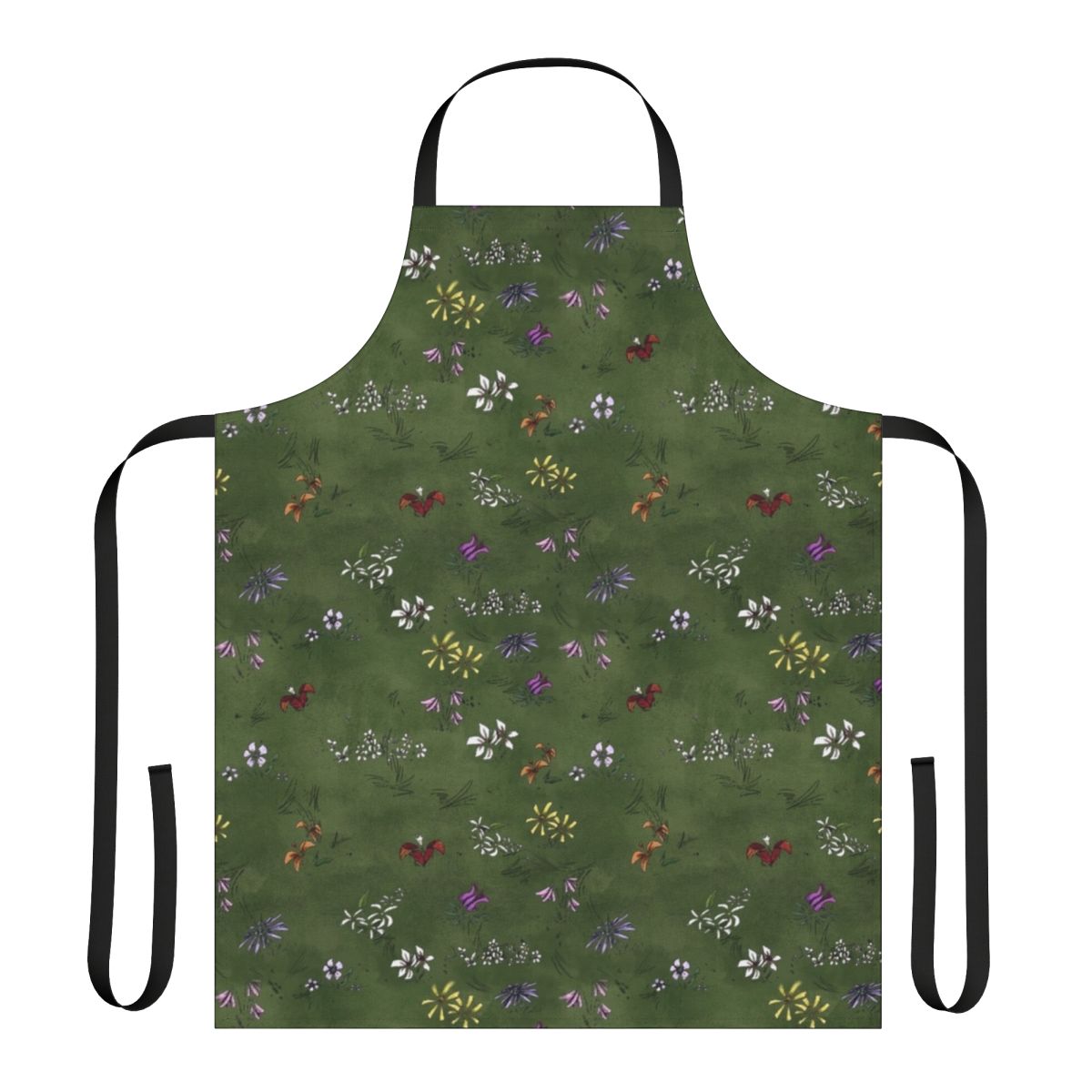An apron featuring a vibrant flower field pattern, inspired by the game Don't Starve.